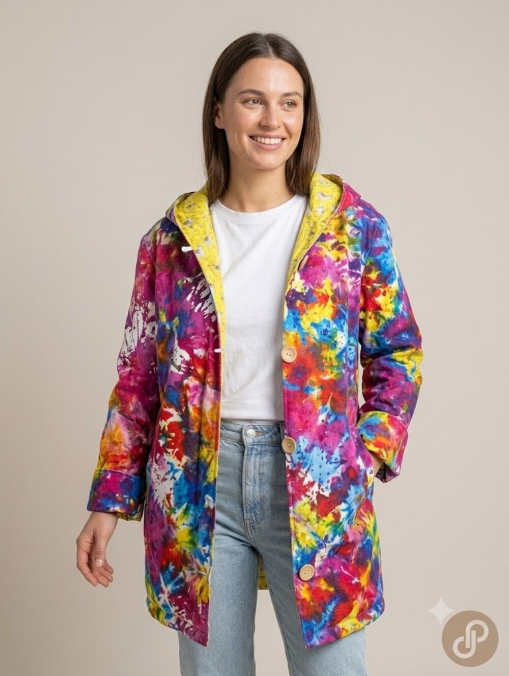 Handmade OOAK Artisan Hooded Summer Jacket Vivid Llama Print Rainbow Splatter